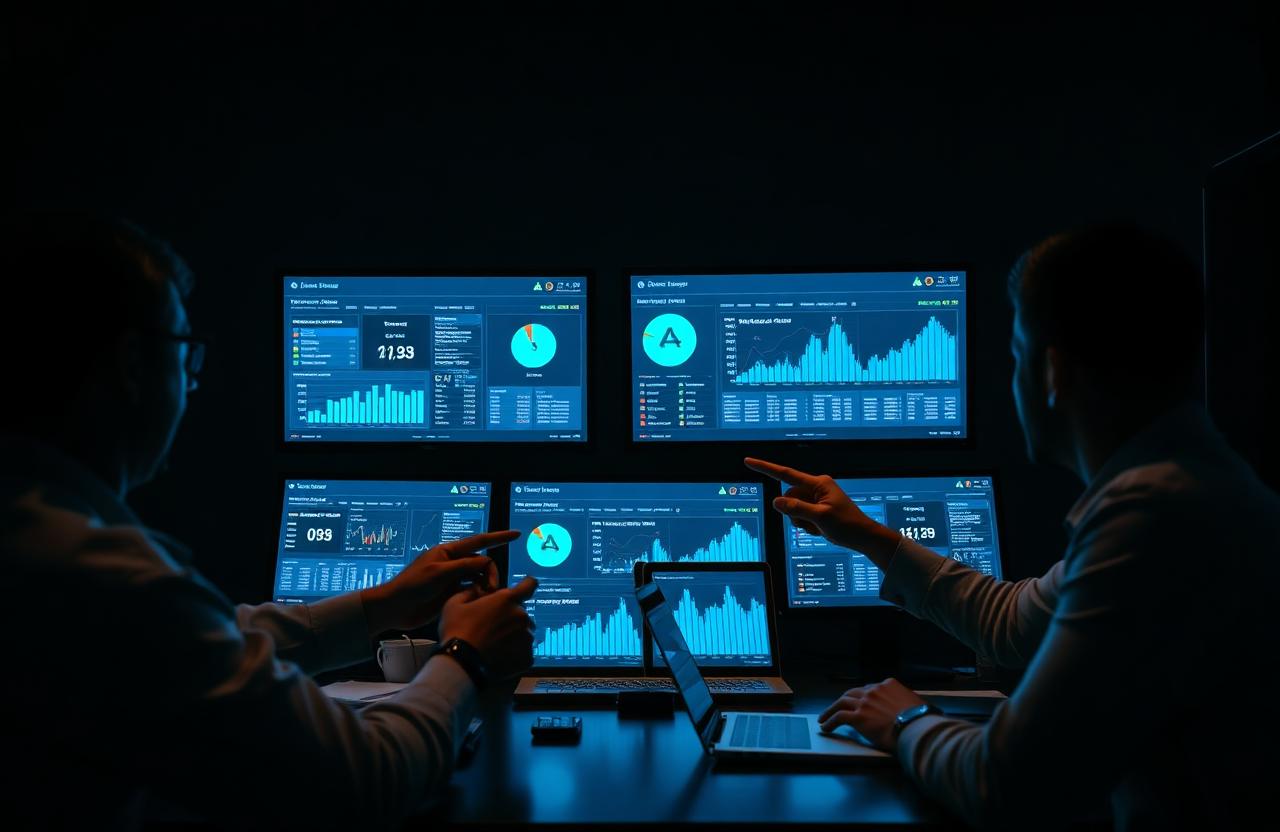 Equipe analisando dashboards de tráfego pago em múltiplas telas